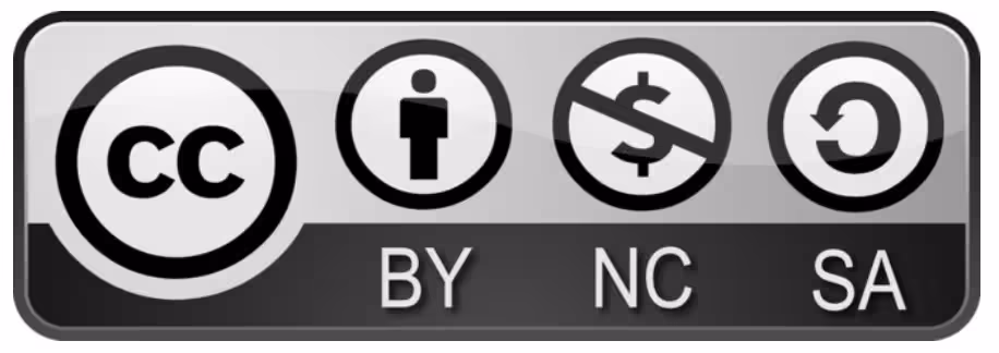 The Creative Commons (CC), By Attribution (BY), Non-Commercial (NC), Share Alike (SA) badge, with their associated four symbols, each in a circle: CC, a human graphic, a crossed out $, a backwards c with an arroww head pointing at its own tail.