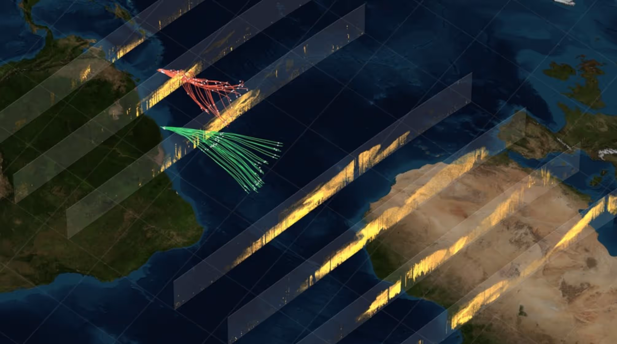 We see a map or satellite image representation of North Eastern Abya Yala (South America) North Western and North Central Africa, Western Europe and the Atlantic. Some kind of graphical representation is overlaid, with 7 bands which apear to show lines of latitude. Some green and red lines perhaps representing data points are intersecting with the 2nd and 3rd bands from the left. What the data represents is unclear, but given the title 'sensing and modelling' it may relate to climate data or somesuch.