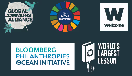 Logos of Open Planet Affiliates: Global Commons Alliance, SDG Media Compact, Wellcome Trust, Bloomberg Philanthropies Ocean Initiative, World's Largest Lesson