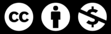 Creative Commons By Attribution Symbols. The Creative Commons symbol is "cc" in a circle. The By Attribution symbol is a graphic of a human in a circle. The Non-Commercial symbol is a dollar $ sign with a diagonal line through it top left to bottom right in a circle.